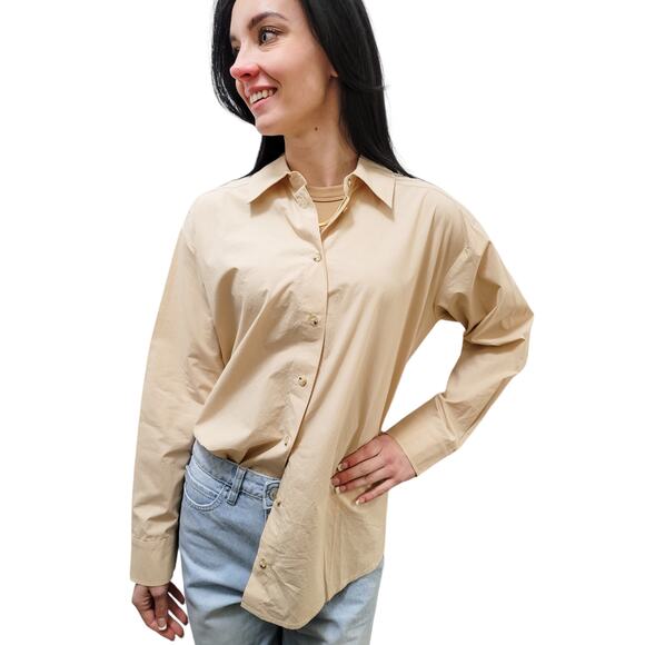 Donni Pop Button Down Beige Tan Neutral Medium Cotton Poplin - Picture 1 of 6